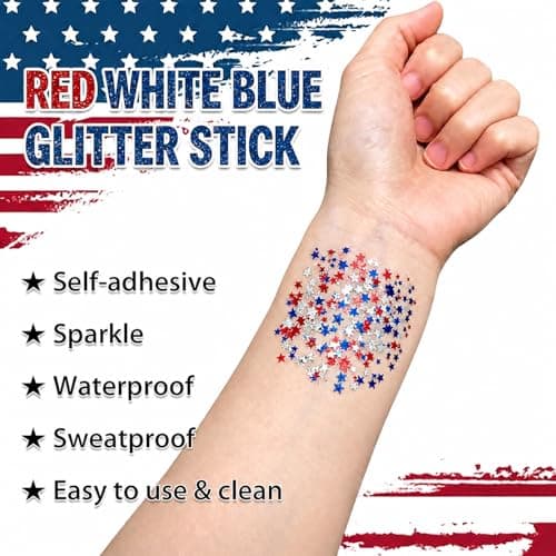 4th of July Body Glitter Stick, Patriotic Hair Face Glitter Stick, Fourth of July Outfits and 250th Anniversary Accessories, USA Flag Accessories for Women, Red White and Blue Waterproof Hair Glitter