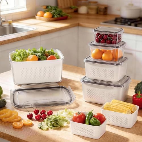 HOMETALL 5 Pack Fruit Storage Containers for Fridge, Plastic Fruit Containers for Fridge with Removable Colanders, Leakproof Fridge Organizers and Storage for Berry Vegetable Salad Lettuce Meat Food — view 4