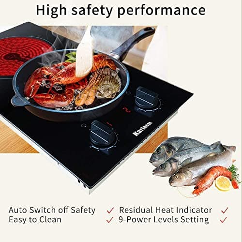 Karinear 2 Burner Electric Cooktop 12 Inch Built-in Electric Stove Top, 220v- 240v Radiant Cooktop with Residual Heat Indicator, Knob Control, Over-Temperature Protection, Hard Wire(No Plug) — view 3