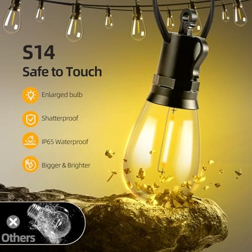 FUANXIEI Solar Lights Outdoor Patio Lights: S14 15M 50FT Solar Powered Remote Control 3 Light Modes Dimmable Solar Waterproof Light - Shatterproof Bulbs - Camping Backyard Garden Deck Outside Yard — view 5