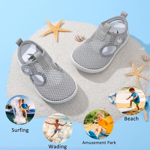 JOINFREE Toddler Water Shoes Boys Girls Wide Toe Box Barefoot Kids Sandals Quick-Dry Mesh Aqua Sneakers Non-Slip Closed Toe Beach Pool Splash Pad Walking Shoes for Kid Grey 7 Toddler — view 5