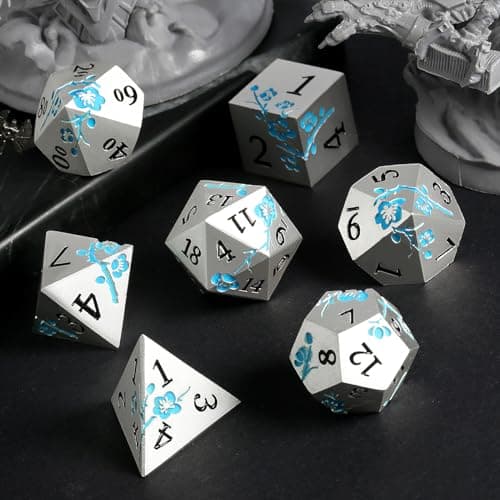 Silver Metal DND Dice Set, 7PCS D&D Metal Dice with Metal Case for Dungeons and Dragons, Shadowrun, Pathfinder, Savage World and Table Games (Glow in The Dark Blue) — view 5