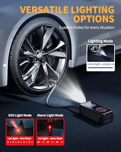 Powools Tire Inflator Portable Air Compressor - 3X Faster Inflation Air Pump with LED Light, Auto Shut-Off Tire Pump with 4 Nozzles for Car, Motorcycle, Bicycle, Ball, Black, 5.9" x 2.8" x 2.0" — view 5