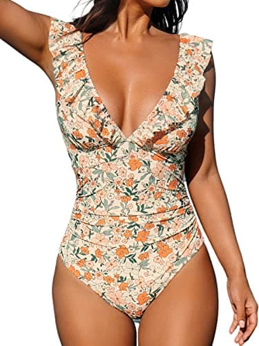 CUPSHE Women's Ruffled One Piece Swimsuit V Neck Lace Up, Orange Ditsy Print, Medium