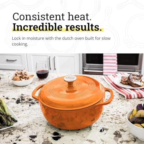 Lodge Essential Enamel Cast Iron Dutch Oven 6 Quarts - Perfect for Bread Baking, Braising, Marinating & Slow Cooking, Features Moisture-Sealing Lid & Dual Handles, Kitchen Essentials, Apricot — view 2
