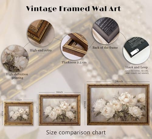 Vintage Gold Framed Vintage Flower Wall Art Retro White Floral Wall Decor Retro Peony Artwork Picture for Home Living Bedroom Farmhouse Hallway — view 4