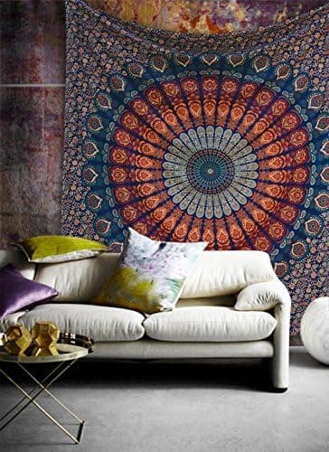 Bless International Handmade Indian hippie Bohemian Psychedelic Peacock Mandala Wall hanging College Dorm Beach Throws Table Cloth Bedding Tapestry (Golden Blue, Twin(54x72Inches)(140x185cms)) — view 2