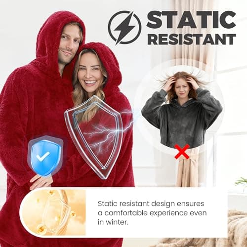 PJGGZ Wearable Blanket Hoodie for Women Men, Fleece Warm Comfy Hooded Sweatshirt with Pockets & Sleeves Cozy Gift for Adult(Red,Oversize) — view 2
