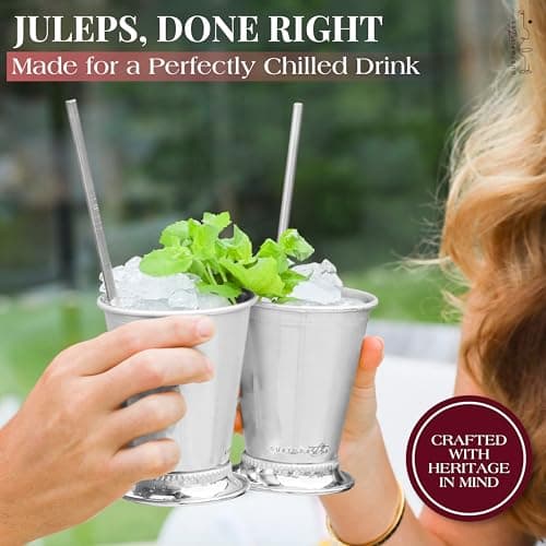 Gusto Nostro Mint Julep Cups Set of 2 - Stainless Steel Julep Cup Kit with Straws, Muddler, Spoon,Recipes, Vases - Southern-style Cocktail Glasses for Home Bar - Stainless Steel Cocktail Cups (Silver) — view 2