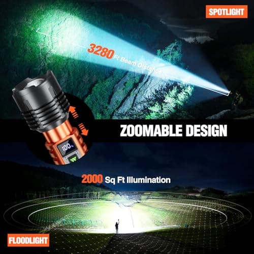 Wdtpro Rechargeable LED Flashlights High Lumens, Super Bright 90,000LM Rechargeable Flashlight with LCD Display, 5 Modes & Waterproof Powerful 10000mAh Handheld Flashlight for Camping Emergency Orange — view 5