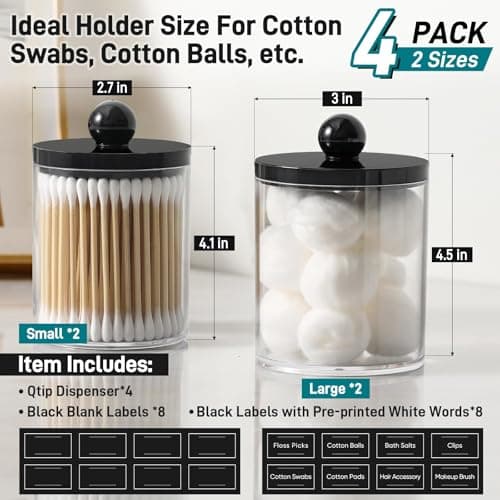 4 Pack Acrylic Qtip Holder Dispenser for Cotton Swabs, Balls, Pads, Floss - Plastic Canister Apothecary Jar Set, Bathroom Essentials Accessories Decor Vanity Makeup Storage Organizer - Clear & Black — view 2