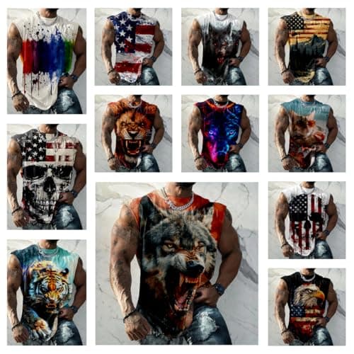 Workout Tank Tops for Men Lion Print Gym Muscle Loose Fit Oversized Casual Funny Sleeve Shirts Crewneck Cotton Retro Novelty Summer Beach Vacation Cool Quick Dry Tops,5XL — view 3