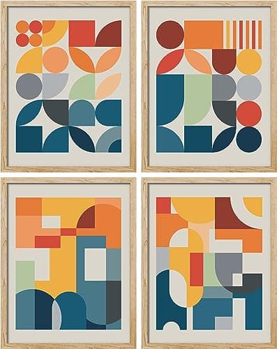 SIGNWIN Framed Mid-Century Modern Colorful Geometric Polygons Wall Art, Set of 4 Abstract Geometric Wall Decor Prints, Nature Wilderness Wall Décor for Living Room, Bedroom - 12"x16" Natural