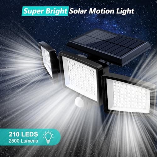 Solar Motion Sensor Outdoor Lights - 2500LM Bright LED Security Flood Light - Adjustable 3 Head Night Lighting Solar Powered IP65 Waterproof with Remote for Outside Garage Yard