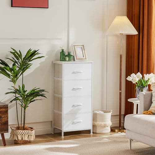 DUMOS Nightstand Bedside Table with 4 Drawers, Removable Fabric Bins with Steel Frame Wood Top, Organizer Furniture for Bedroom Closet Living Room, Chalky