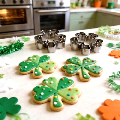 6Pcs St. Patrick's Day Metal Cookie Cutter Set - Shamrocks & Four Leaf Clovers Shapes Large 4’’ Small 3’’ Mini 2‘’, Stainless Steel Clover Biscuit Mold for Irish Spring Holiday Party Decor or Baking — view 3
