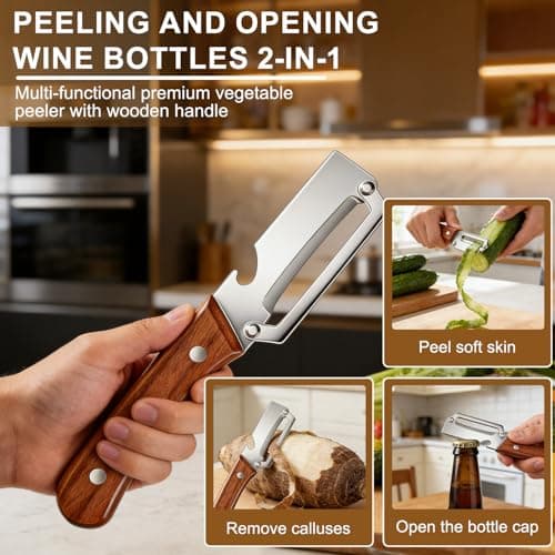 2PCS Multi Functional Premium Vegetable Peeler with Wooden Handle and Bottle Opener,Stainless Steel Blade Kitchen Tool for Fruit Apple Potato Pumpkin Papaya Carrot — view 3