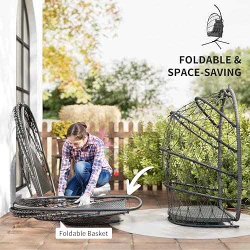 Outsunny Hanging Egg Chair with Stand, Foldable Wicker Rattan Swing Chair with Thick Cushion and Safety Rope for Patio Garden, Supports 264 lbs, Dark Grey — view 3