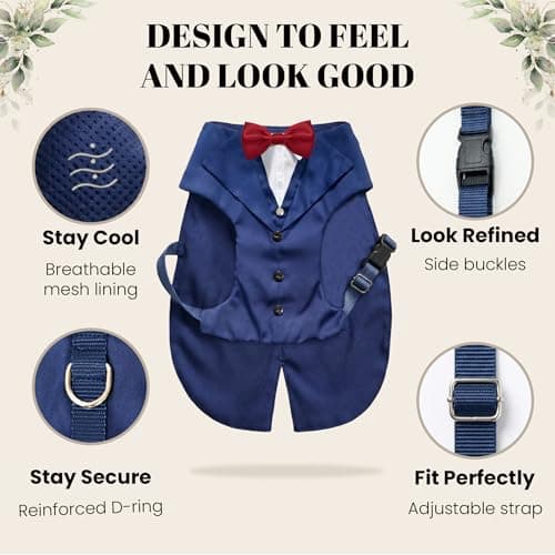 AVERYDAY Dog Tuxedo with Bow Tie for Wedding Outfit, Dog Suit Costume for Christmas Halloween Valentine’s Day, Adjustable Pet Tux Harness with Leash Ring, Formal Wear for Small Medium Large Dogs — view 4