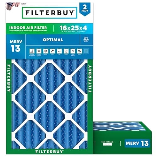 Filterbuy 16x25x4 Air Filter MERV 13 Optimal Smoke & Allergy Defense (2-Pack), Electrostatic Pleated HVAC AC Furnace Filters Replacement, Made in USA (Actual Size: 15.50 x 24.50 x 3.63)