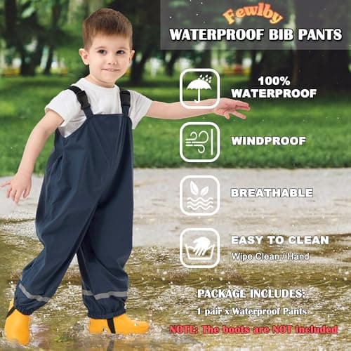 Fewlby Kids Rain Bib Pants, Toddlers Waterproof Suspender Dirty Proof Rain Wear for Boys and Girls Navy