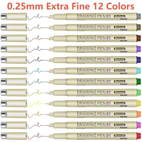 Muchcute 01 Micro Fineliner Drawing Art Pens: 12 Colors 0.25mm Extra Fine Point Bible No Bleed Smooth Journal Zentangle Study Supplies Colored Waterproof Line Ultra Needle Tip Fine liner Thin Gel Felt