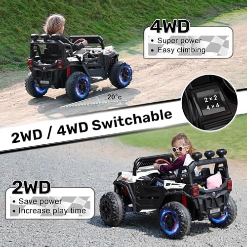 ANPABO 24 Volt Ride on Toys for Boys w/Remote Control, 4X75W Motors, Max 4.5MPH, 4WD/2WD Switchable, 4 Shock Absorbers, 19" Spacious Seat, Bluetooth, Electric Car for Kids(White)