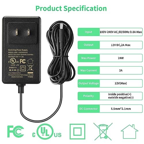 12V 2A Power Supply Class 2 UL Listed with LED Dimmer Switch,24W 100-240V AC/DC 12Volt 2Amp 1.5A 1A Adapter Power Supply with 5.5mm x 2.1 DC Jack Connector for LED Strip Light & Other Device