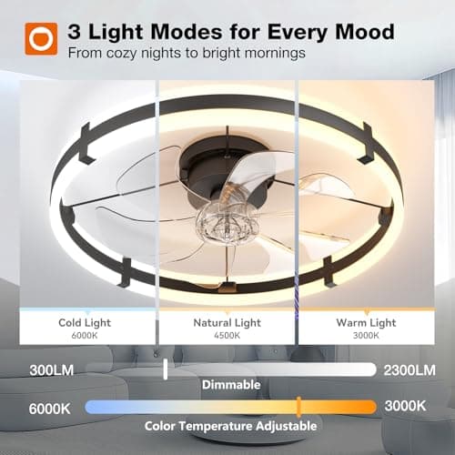 addlon 24'' Ceiling Fans with Lights and Remote, Low Profile Flush Mount Ceiling Fan with Light, 3000-6000K Dimmable LED Fandelier, Modern Small Black Ceiling Fan for Bedroom, Kitchen, Living Room — view 2