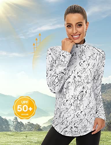 Luranee White Long Sleeve Shirts for Women,Dry Fit Shirt Casual Uv Protection Workout Tunic Athletic Quarter Zip Pullover Hiking Winter Shirt Zipper Sport Jackets Marble X-Large