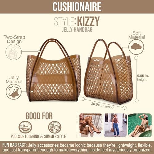 CUSHIONAIRE Kizzy Clear Jelly Tote Bags for Women, Lightweight Waterproof Beach Purse with Open Top and Lattice Cutout, Whiskey — view 3