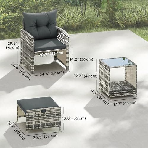Outsunny 5 Piece Patio Furniture Set, Wicker Patio Chairs with Ottomans, 2-Tier Glass Coffee Table, Cushions, Outdoor Furniture Conversation Set for Balcony, Grey/Dark Grey — view 6