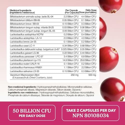 Womens Probiotic with Cranberry | 50 Billion CFU for Gut Health, Bloating Relief & Digestive Support | With Cranberry for Vaginal Health | Gut Health Supplements for Women | Made in Canada | 60 Ct. — view 5