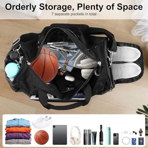 Gym Bag with Shoe Compartment, Gym Bag with Waterproof Wet Towel Pocket, Travel Duffel Bag for Men Women, Black, Minimalist and modern style — view 4