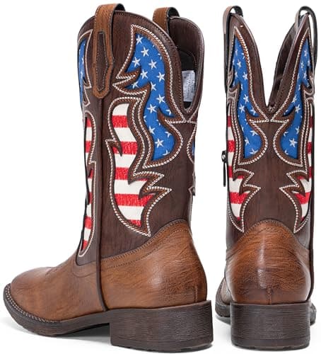 Jousen Cowboy Boots for Men Western Boot Side Zipper American Flag Retro Square Toe Mid-Calf Mens Boots(AMY8428 brown 09.5) — view 8