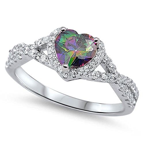 Traditional Rainbow Simulated Topaz Heart Halo Promise Sterling Silver Ring Size 8