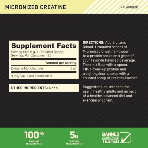 Optimum Nutrition Creatine, Micronized Creatine Monohydrate Powder, Supports Strength & Recovery, Banned Substance Tested, Unflavored, 5 g per Serving, 120 Servings