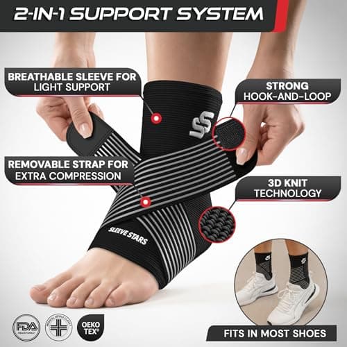 Sleeve Stars Ankle Brace for Women & Men, Ankle Wrap for Sprained Ankle, Compression Sleeve for Plantar Fasciitis Relief, Easy Customizable Support: w/Removable Strap (Single/L:12"-13"/Black) — view 2