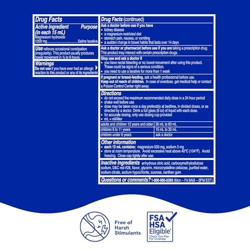Phillips’ Milk of Magnesia Liquid Laxative, Wild Cherry Flavor, Stimulant Free, Cramp Free Relief of Occasional Constipation*, Effective in 30 minutes - 6 hours, #1 Milk of Magnesia Brand, 26 oz — view 5