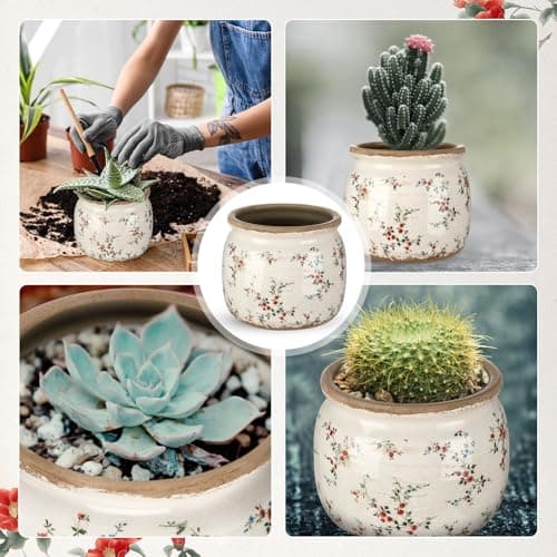 Ninehaoou Vintage Planter Large Ceramic Plants Pot Beige Red Rustic Floral Ice Crack Cottage Scroll Vase Flower Vase Pot Indoor Plants Home Kitchen Decor Farmhouse Antique Decorative Gifts — view 3