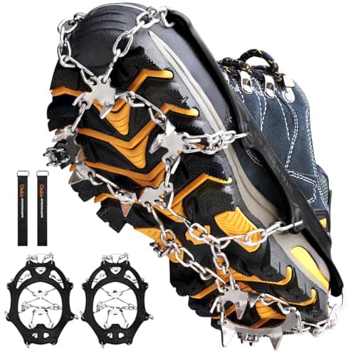 Traction Cleats Ice Snow Grips Crampons Shoes Boots Anti Slip 18 Stainless Steel Spikes Safe Protect for Walking Hiking Fishing Jogging Climbing Mountaineering New Upgraded L