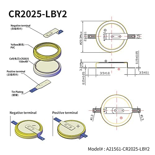 EEMB Tabbed CR2025 3V Lithium Battery with Solder Tabs 10-Pack Coin Cell — view 2