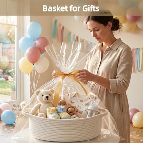 Optish Woven Basket, Gift Empty Basket with Bags and Ribbons, 13.5"x11"x5" Burr Rope Basket for Baby Shower, Durable Storage Basket with Handles for Nursery, Shelves, Toys, White — view 4