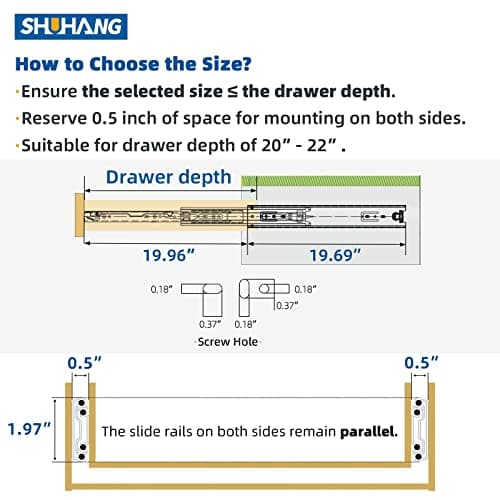 SHUHANG Heavy Duty Drawer Slides Full Extension 12 14 16 18 20 22 24 26 28 30 32 34 36 38 40 Inch (51mm -Without Lock, 20 inch)