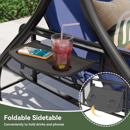Aoxun Outdoor Porch Swing with Stand and Canopy, 3 Seats Outdoor Swings for Adults, Convertible 2 in 1 Swing Bed with Cup Holder, Patio Swings with Thicken Cushions for Garden, Yard & Balcony, Blue — view 7