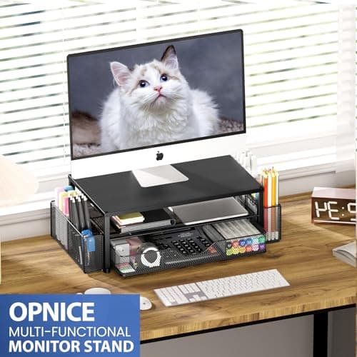 OPNICE Desk Organizer and Accessories, 2-Tier Computer Monitor Stand Riser with Drawer and 2 Pen Holders, Laptop Stand, Office Desk Accessories for Office Supplies, Black — view 5