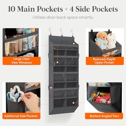 Lifewit 1 Pack Over the Door Organizer, 10 Section Clear Window Hanging Storage with 4 Side Pockets, Sturdy Anti Tilt 40 lbs Load Behind Door for Closet, Bedroom, Bathroom, Nursery, Dorm, Gray — view 2