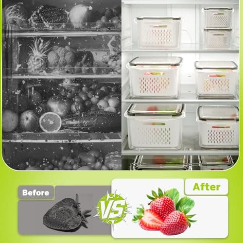 HOMETALL 5 Pack Fruit Storage Containers for Fridge, Plastic Fruit Containers for Fridge with Removable Colanders, Leakproof Fridge Organizers and Storage for Berry Vegetable Salad Lettuce Meat Food — view 3