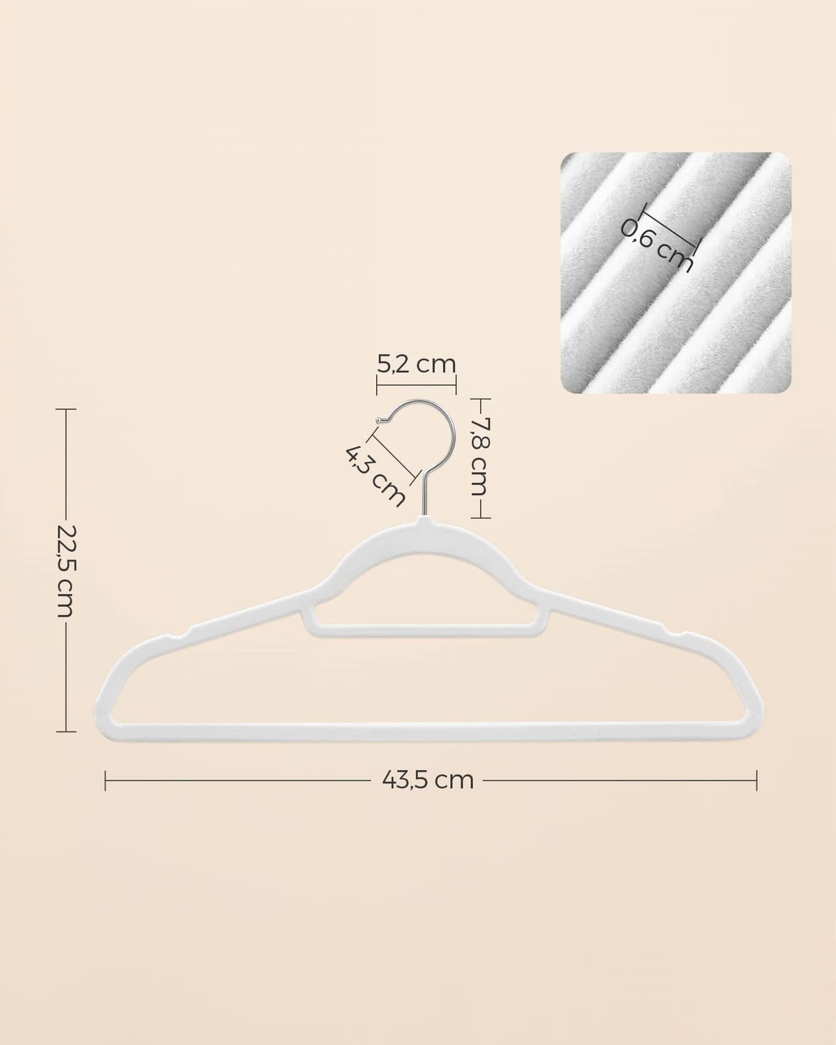 SONGMICS Percha de Terciopelo, Juego de 50, Antideslizantes, con Barra Corbata y Gancho Negro, 0,6 cm Espesor, Ahorra Espacio, 43,5 cm Largo, Abrigo Pantalón, Blanco Nube y Plata CRF020W02 — view 5