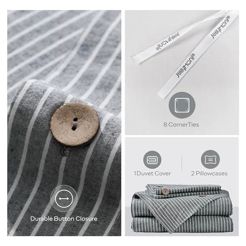 JELLYMONI Cotton Duvet Cover Queen Size - Black Vertical Pinstriped Comforter Cover with Button 100% Washed Cotton 3PCS Breathable Soft Solid Bedding Set Duvet Cover 90×90in & 2 Pillowcases — view 2